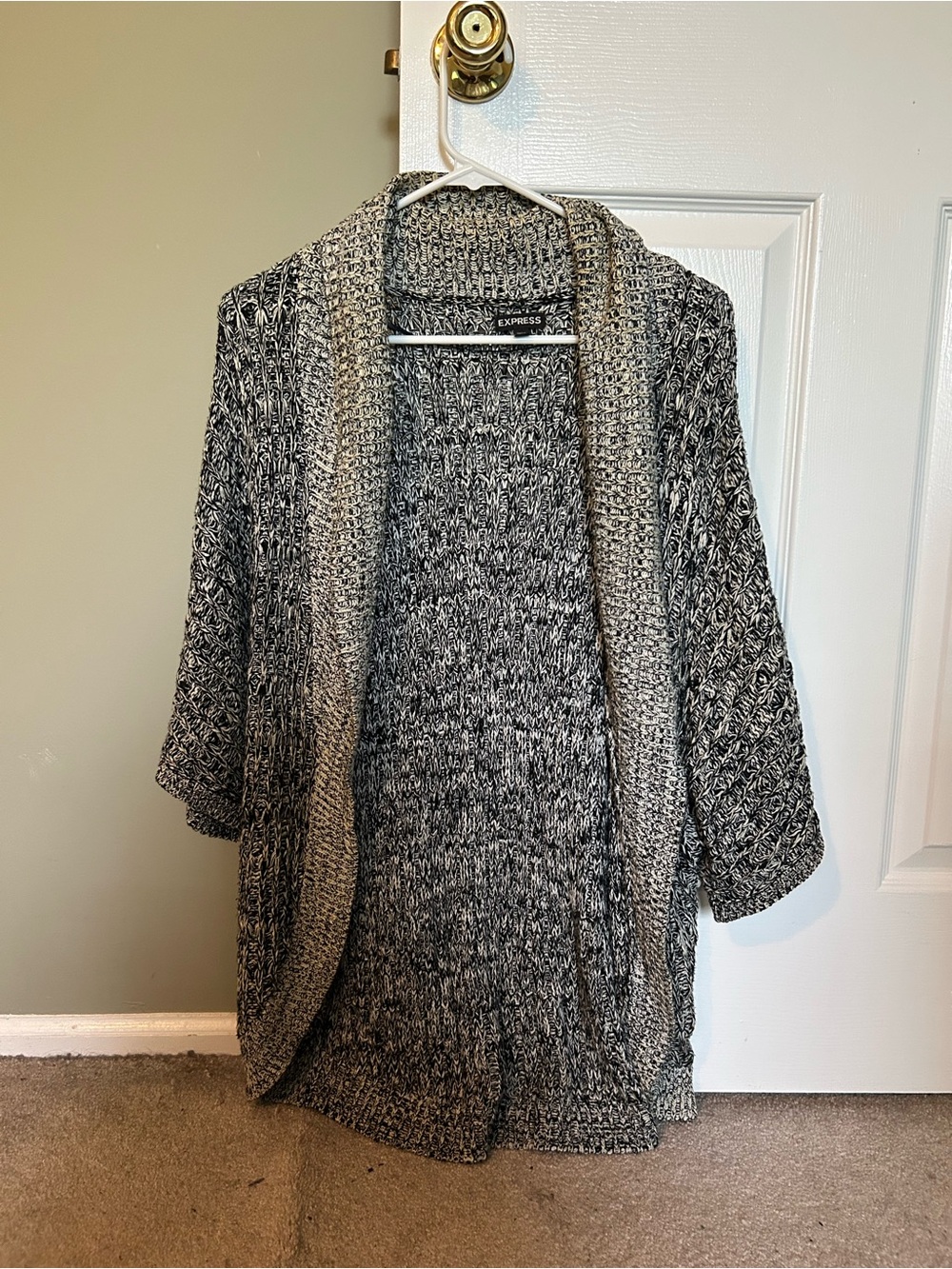 Express Marled Black and White Open-Front Knit Cardigan